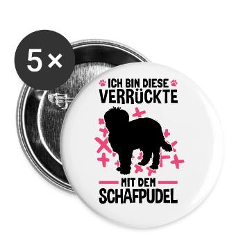 Verrückte mit Schafpudel zotthaariger Hütepudel - Buttons groß 56 mm (5er Pack) - Weiß - Vorne
