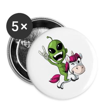 Alien reitet auf Einhorn - Buttons groß 56 mm (5er Pack) - Weiß - Vorne