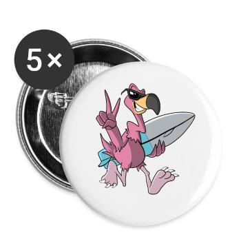 Cooler Flamingo mit Surfboard - Buttons groß 56 mm (5er Pack) - Weiß - Vorne
