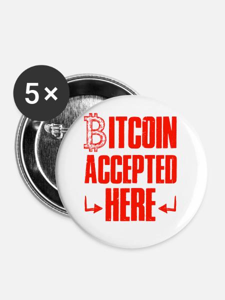 bitcoin akzeptiert - Buttons groß 56 mm (5er Pack) - Weiß