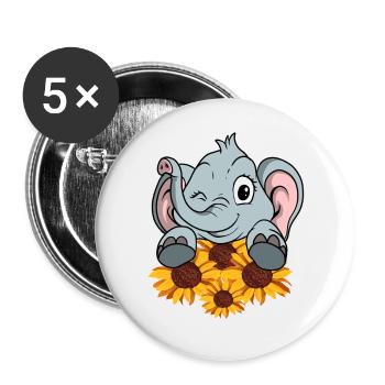 Niedlicher Elefant liebt Sonnenblume - Buttons groß 56 mm (5er Pack) - Weiß - Vorne