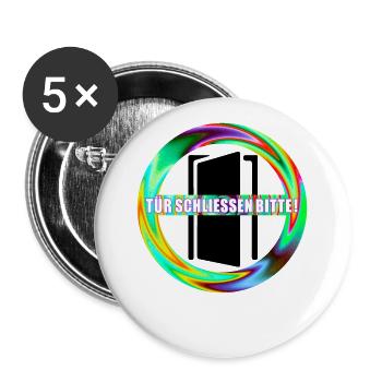 Tuer schliessen bitte | Tür schließen bitte - Buttons groß 56 mm (5er Pack) - Weiß - Vorne