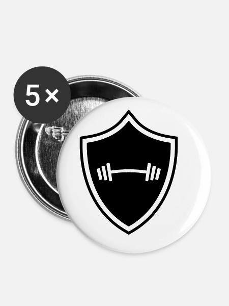 Hantel Gewichte Wappen - Buttons groß 56 mm (5er Pack) - Weiß