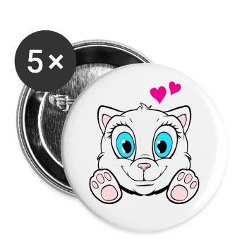 Kätzchen - niedliche Katze mit Herzen - Buttons groß 56 mm (5er Pack) - Weiß - Vorne