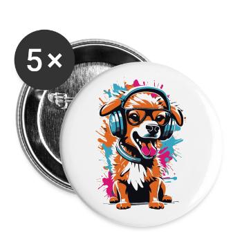 Cute dog with headphones and glasses - Buttons large 2.2''/56 mm (5-pack) - white - Front