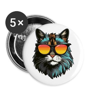 Main-Coon Katze mit Sonnenbrille - Buttons groß 56 mm (5er Pack) - Weiß - Vorne