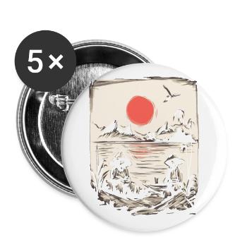 Japanische Rote Sonne: Fischer und Angler am See - Buttons groß 56 mm (5er Pack) - Weiß - Vorne