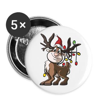 Lustiges Rentier mit Lichterkette - Buttons groß 56 mm (5er Pack) - Weiß - Vorne