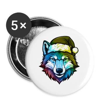 Tête de loup Noël Portrait coloré - Lot de 5 grands badges (56 mm) - blanc - Devant