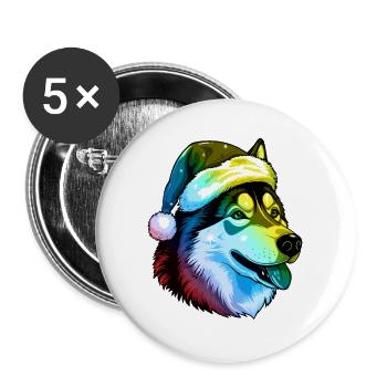 Tête de chien Husky Portrait de Noël coloré - Lot de 5 grands badges (56 mm) - blanc - Devant