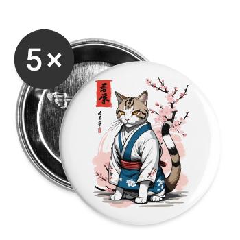 Kimono Katze Asiatische Japan Ukiyo-E Retro Kunst - Buttons groß 56 mm (5er Pack) - Weiß - Vorne