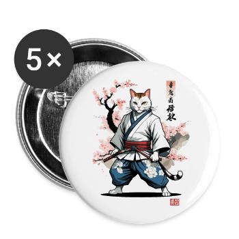 Samurai Katze Vintage Japan Streetwear Kunst - Buttons groß 56 mm (5er Pack) - Weiß - Vorne