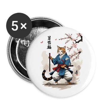 Japan Katze Kampfkunst Streetwear Ukiyo-E - Buttons groß 56 mm (5er Pack) - Weiß - Vorne