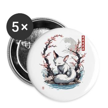 Japanischer Kawaii Kitsune Yokai Vintage Kanji - Buttons groß 56 mm (5er Pack) - Weiß - Vorne