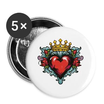 Herz Krone Liebe - Buttons groß 56 mm (5er Pack) - Weiß - Vorne