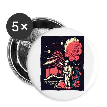 Astronaut vor japanischem Tempel mit Blumen - Buttons groß 56 mm (5er Pack) - Weiß - Vorne