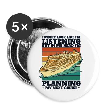 Ich plane meine nächste Kreuzfahrt Kreuzfahrtschiff - Buttons groß 56 mm (5er Pack) - Weiß - Vorne