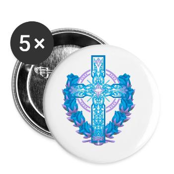Kreuz Kreuze Kruzifix Rosen Blüten Jesus Gott - Buttons groß 56 mm (5er Pack) - Weiß - Vorne