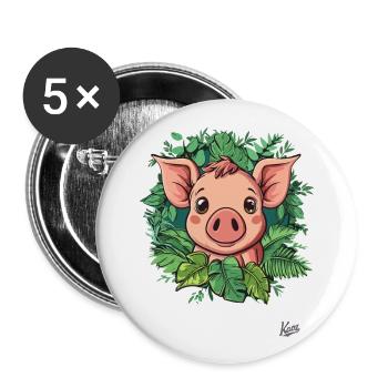Kleines Süßes Schwein im Pflanzen-Dschungel - Buttons groß 56 mm (5er Pack) - Weiß - Vorne