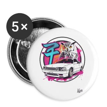 Farbexplosion: Eule und JDM Street Car - Buttons groß 56 mm (5er Pack) - Weiß - Vorne