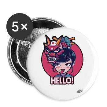 Japanese Girl with Oni Mask - Buttons large 2.2''/56 mm (5-pack) - white - Front