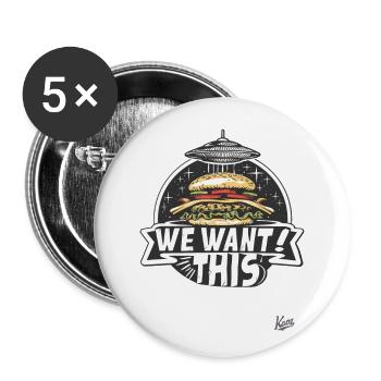 Alien UFO Entführung eines Burger - Buttons groß 56 mm (5er Pack) - Weiß - Vorne