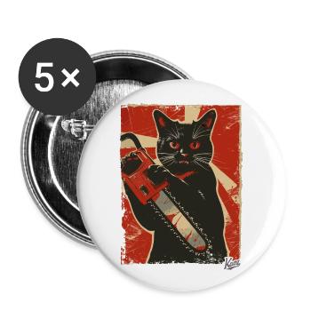 Vintage Lustige Katze mit Kettensäge - Buttons groß 56 mm (5er Pack) - Weiß - Vorne