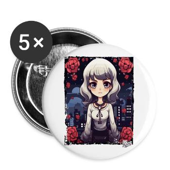 Chibi Beauty: Cartoon Girl with Flowers - Buttons large 2.2''/56 mm (5-pack) - white - Front