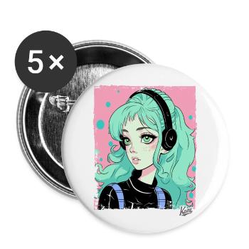 Cartoon girl listening to music - Buttons large 2.2''/56 mm (5-pack) - white - Front