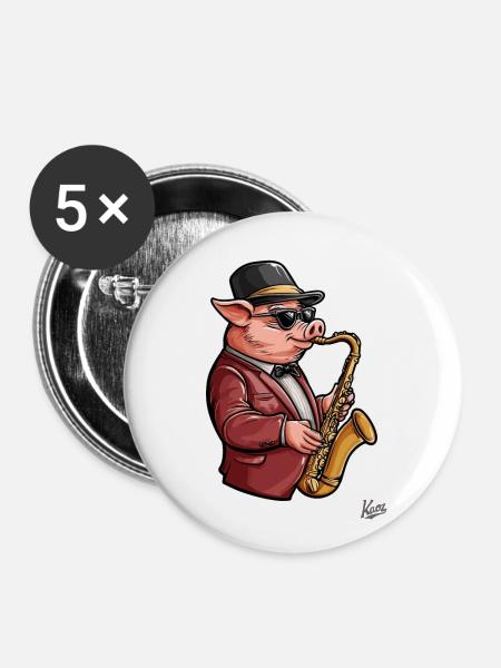 Jazz Tröten vom Feinsten, Saxophon-Schwein - Buttons groß 56 mm (5er Pack) - Weiß