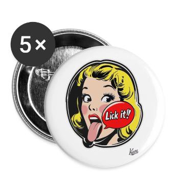 Dessin animé pop des années 1950 : Lick It - Lot de 5 grands badges (56 mm) - blanc - Devant