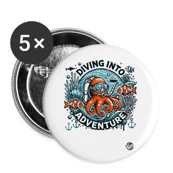 Unterwasser Abenteuer, Krake der Oktopus Taucher - Buttons groß 56 mm (5er Pack) - Weiß - Vorne