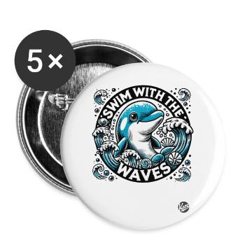 Delfin Design, mit den Wellen schwimmen im Ozean - Buttons groß 56 mm (5er Pack) - Weiß - Vorne