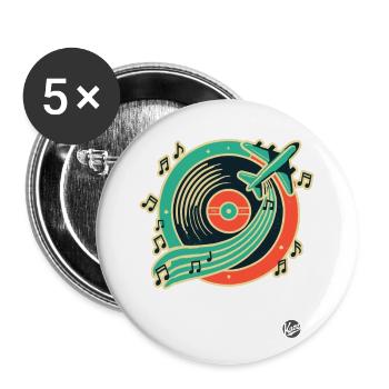 Retro Musik & Reise Design "Platte & Flugzeug" - Buttons groß 56 mm (5er Pack) - Weiß - Vorne