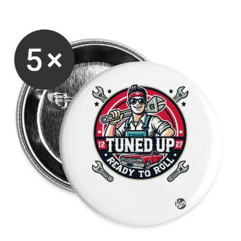 Voll getunt und aufgemotzt , Automechaniker Tuner - Buttons groß 56 mm (5er Pack) - Weiß - Vorne