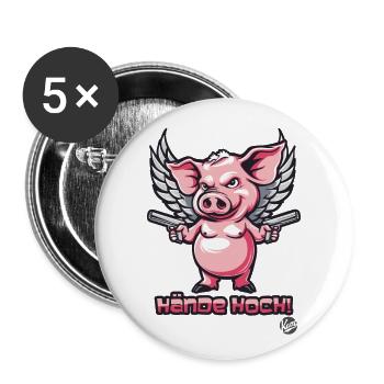 Hände hoch! Cartoon Schwein mit Flügeln - Buttons groß 56 mm (5er Pack) - Weiß - Vorne