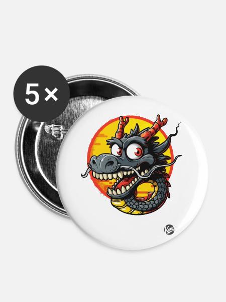 Lustiger Cartoon Drache - Buttons groß 56 mm (5er Pack) - Weiß