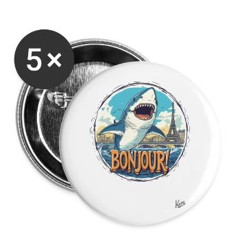 Guten Tag! Hai in der Seine sagt Bonjour! - Buttons groß 56 mm (5er Pack) - Weiß - Vorne