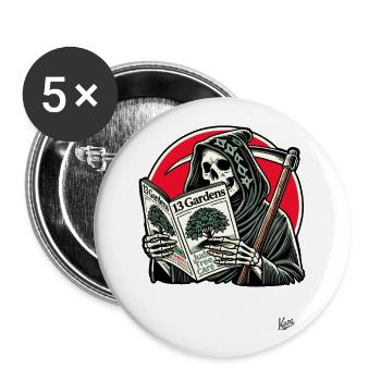Jardinier Faucheuse lit le journal du jardin - Lot de 5 grands badges (56 mm) - blanc - Devant