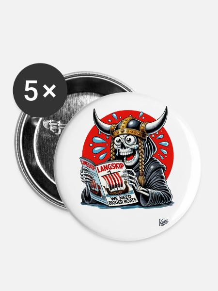 Wikinger-Sensenmann liest Langschiff-Magazin - Buttons groß 56 mm (5er Pack) - Weiß