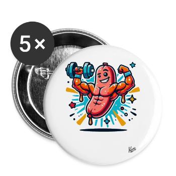 Muskel-Bodybuilder Kraft-Wurst - Buttons groß 56 mm (5er Pack) - Weiß - Vorne