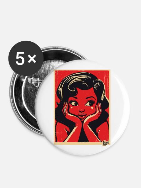 Retro-Cartoon-Mädchen - Buttons groß 56 mm (5er Pack) - Weiß