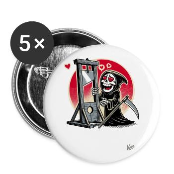 Parodie: Sensemann liebt Guillotine mit Herz - Buttons groß 56 mm (5er Pack) - Weiß - Vorne