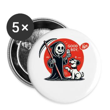 Sensenmann spielt mit Hund: Guter Junge - Buttons groß 56 mm (5er Pack) - Weiß - Vorne