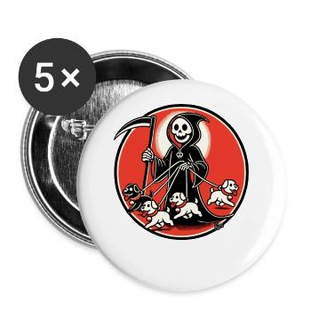 Fröhlicher Sensemann geht mit Welpen spazieren - Buttons groß 56 mm (5er Pack) - Weiß - Vorne