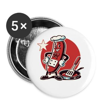The chef is a funny bratwurst with a pan - Buttons large 2.2''/56 mm (5-pack) - white - Front