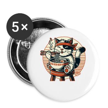 Eating ramen, happy cat - Buttons large 2.2''/56 mm (5-pack) - white - Front