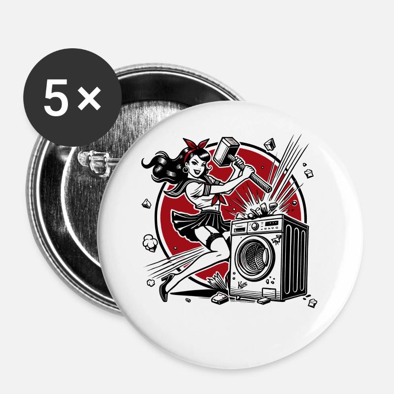 Braves Mädchen zerschlägt die Waschmaschine - Buttons groß 56 mm (5er Pack) - Weiß