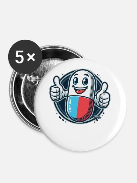 Daumen hoch, fröhliche Medizin Pille - Buttons groß 56 mm (5er Pack) - Weiß
