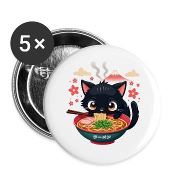 Süße japanische Katze isst Ramen Nudelsuppe - Buttons groß 56 mm (5er Pack) - Weiß - Vorne